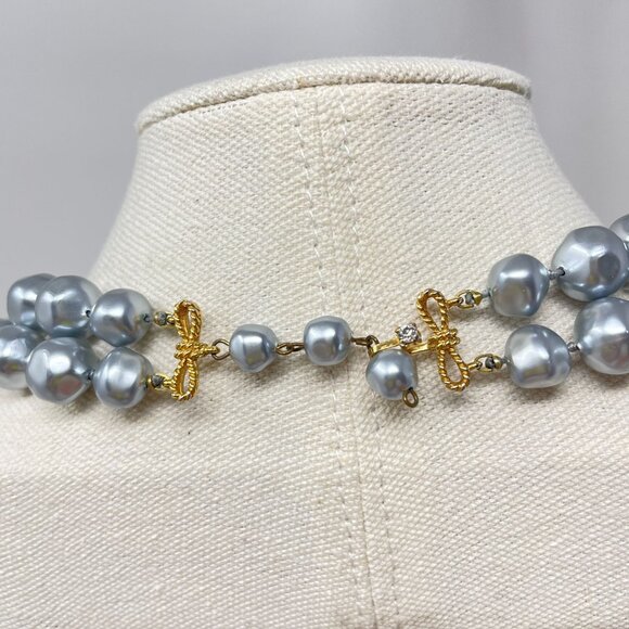 Vintage Marvella Double-Strand Gray Faux Pearl Necklace Gold-Tone Bow Closure - Picture 8 of 11